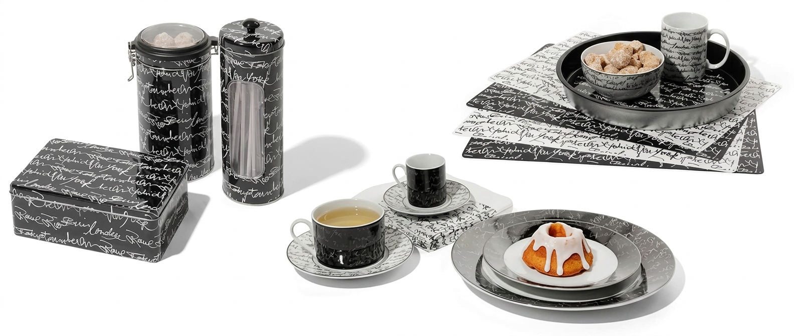 Cities line products: porcelain, tins, placemats and tray