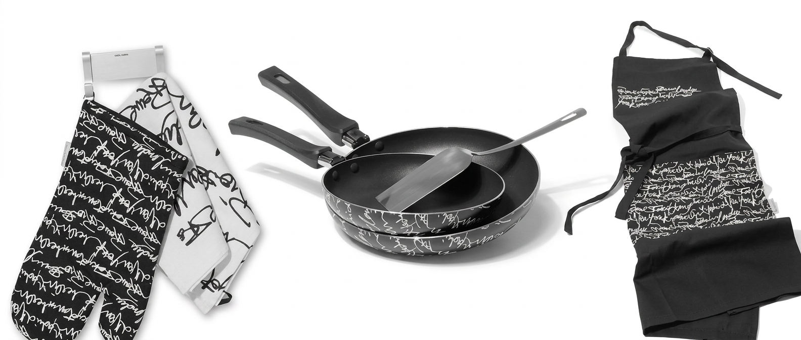 Cities line products: oven mitt, tea towel, pans and apron